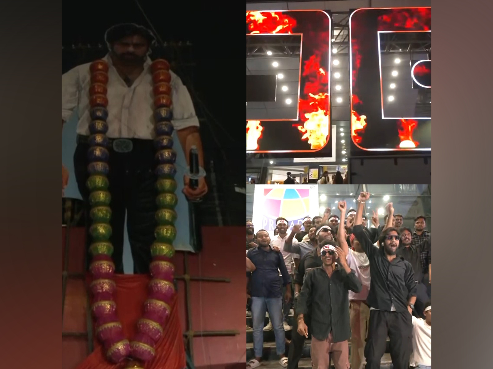 Pawan Kalyan cutout and fans outside theatres in Hyderabad (Photo: ANI)